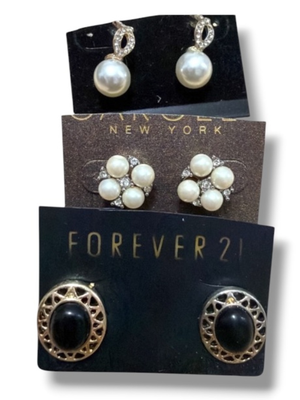 Forever 21 Pearl and Black Earrings Trio Three Sets of Women’s Fashion Jewelry
